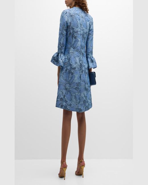 Teri Jon Blue Bell-Sleeve Metallic Floral Jacquard Midi Dress