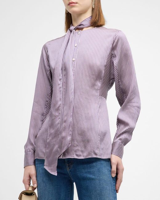 Tory Burch Purple Striped Tie-neck Button-down Satin Blouse