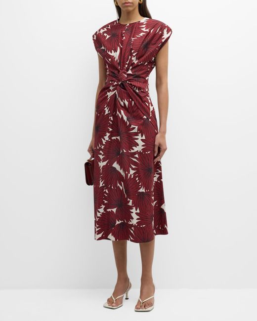 Mantu Red Twist-Front Floral-Print Cotton Midi Dress