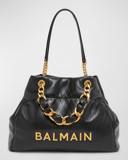 Balmain Black 1945 Soft Cabas Tote Bag In Embossed Leather
