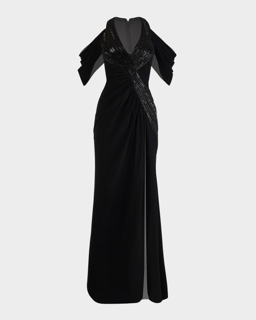 Gaurav Gupta Black Noir Draped Cold-Shoulder Gown