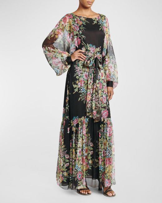 Etro Multicolor Bouquet Floral-print Balloon-sleeve Tiered Silk Dress