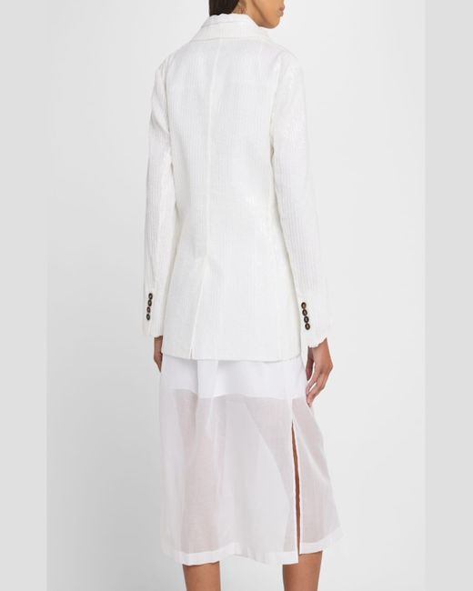 Brunello Cucinelli White Sequined Stripe Double-Breasted Organza Jacket