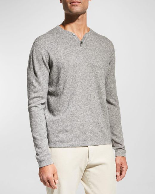 Neiman Marcus Gray Wool-Cashmere Henley Sweater for men