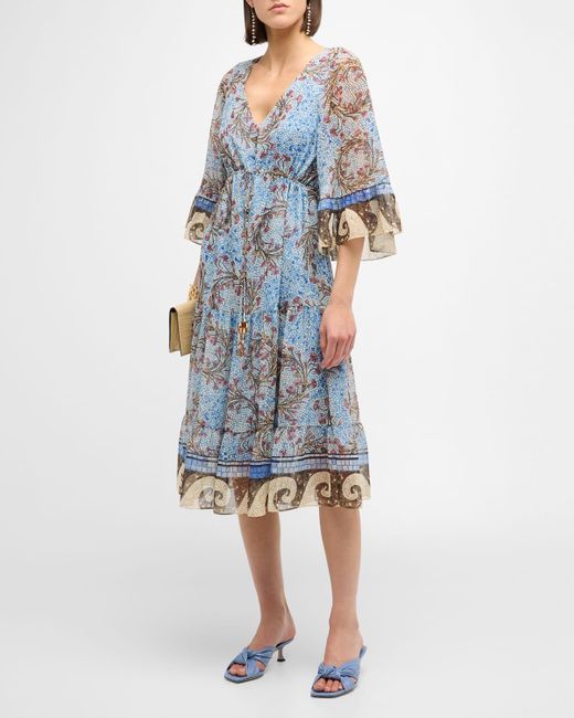 Kobi Halperin Blue Logan Mosaic-Print Ruffle-Cuff Midi Dress