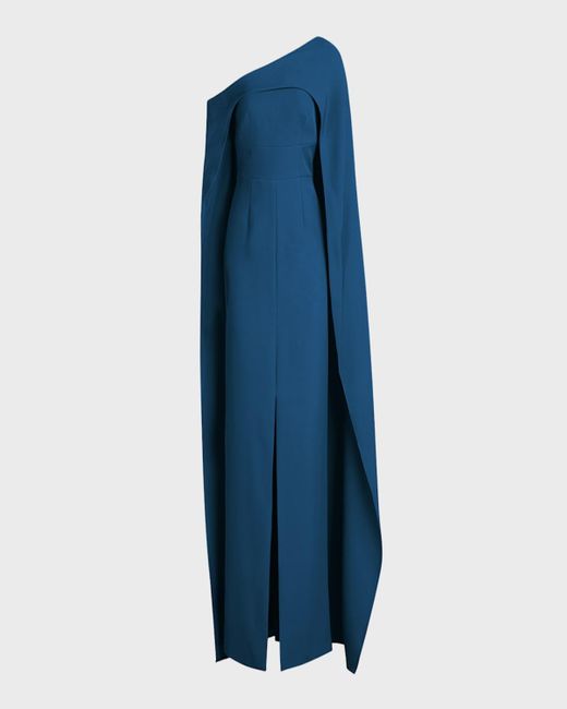 Halston Heritage Blue Elycia One-Shoulder Crepe Cape Gown