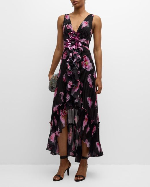 Emanuel Ungaro Multicolor High-Low Pleated Floral-Print Chiffon Gown