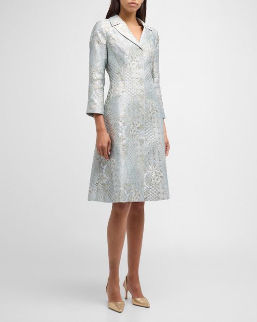 Teri Jon Gray Metallic Floral Jacquard Midi Coat Dress