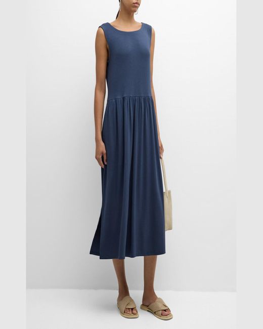 Eileen Fisher Blue Ruched Scoop-Neck Jersey Midi Dress