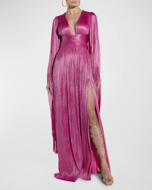 Maria Lucia Hohan Pink Jolie Metallic Plisse Draped Corset Gown W/ Lace-trim