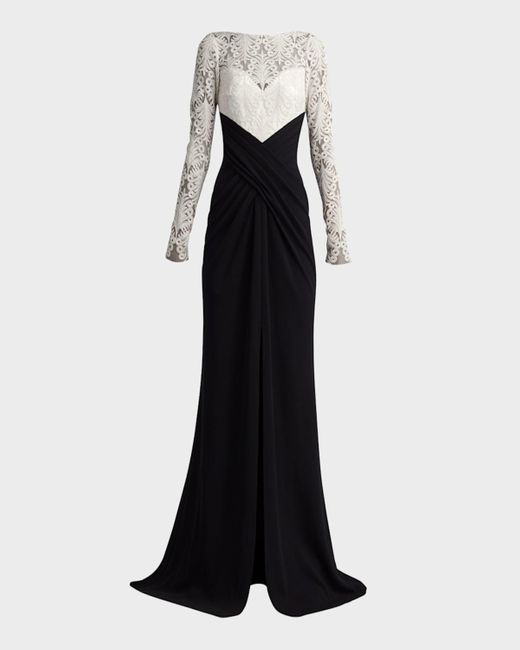 Tadashi Shoji Black Pleated Two-Tone Crepe & Lace Column Gown