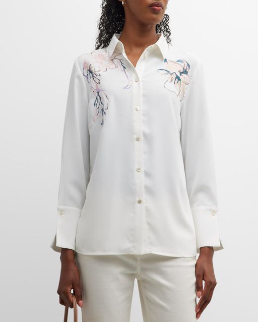 Misook Gray Crepe De Chine Button-front Blouse With Floral Embroidery