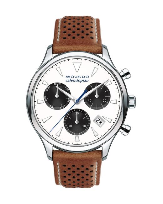 Movado Brown 43mm Heritage Calendoplan Chronograph Watch With Perforated Leather Strap for men