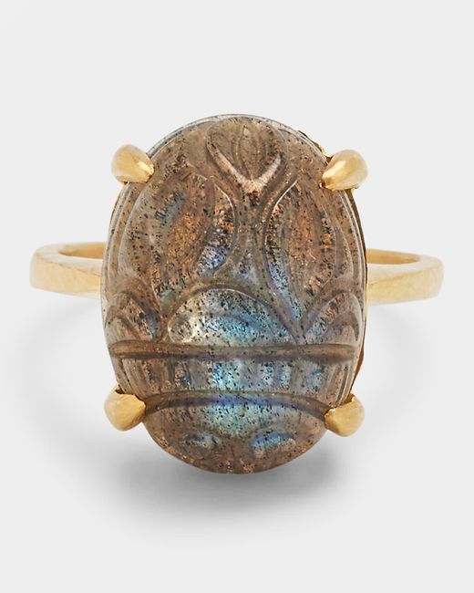 Elizabeth Locke White Small Labradorite Scarab Ring With Thin Hammered Prongs, Size 6.5