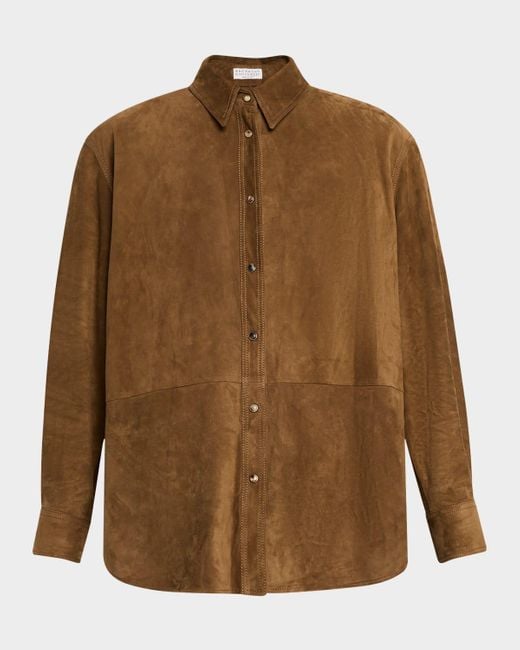 Brunello Cucinelli Brown Suede Button-Down Shirt Jacket