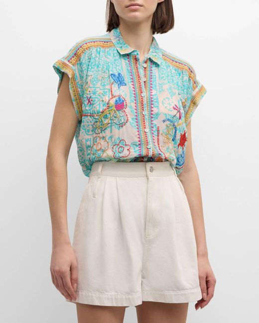 Johnny Was Blue Dionne Embroidered Floral-Print Blouse