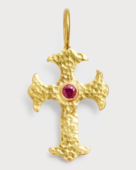 Elizabeth Locke Metallic 19k Yellow Gold Gothic Cross Pendant With 3.5mm Ruby Center