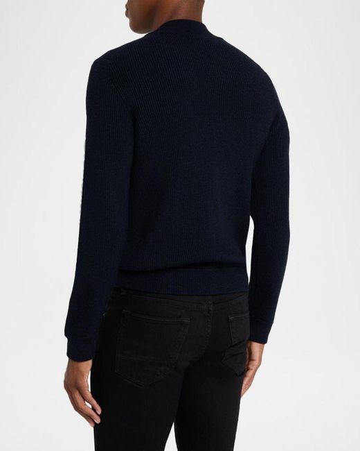 Neiman Marcus Blue Apos;Merino Wool Rib Full-Zip Sweater for men