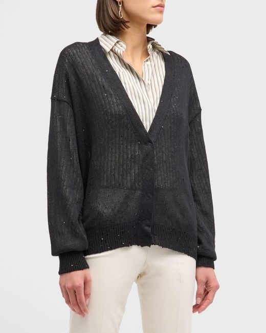 Brunello Cucinelli Black Linen Silk Hidden Button-Front Cardigan With Paillette Details