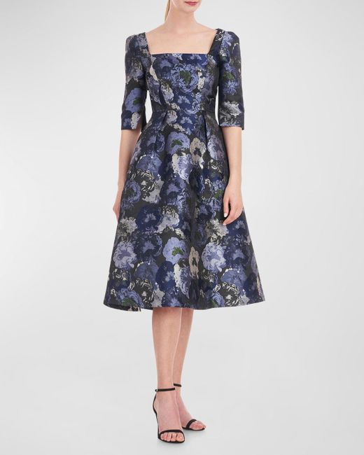 Kay Unger Blue Piper Floral Jacquard Fit & Flare Midi Dress