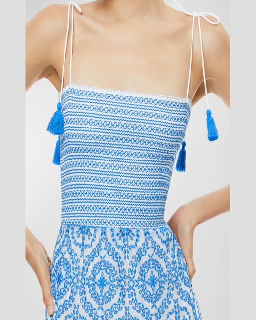 Alice + Olivia Blue Marna Embroidered Tiered Tie-Strap Maxi Dress