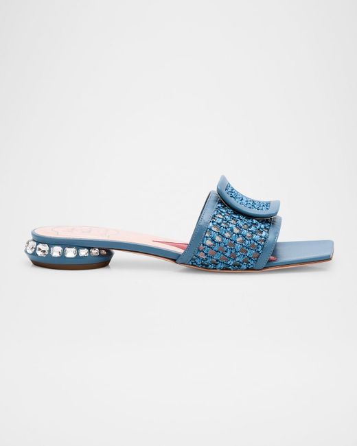 Roger Vivier Women's Blue Raffia Crystal Buckle Mule Sandals
