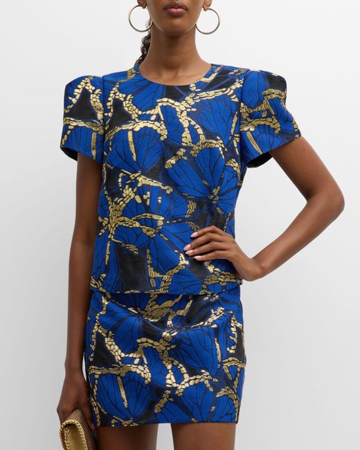 MILLY Blue Puff-Sleeve Metallic Butterfly Jacquard Top