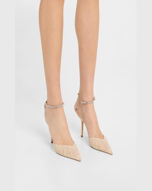 Jimmy Choo White Saeda Ruched Crystal Ankle-Strap Pumps