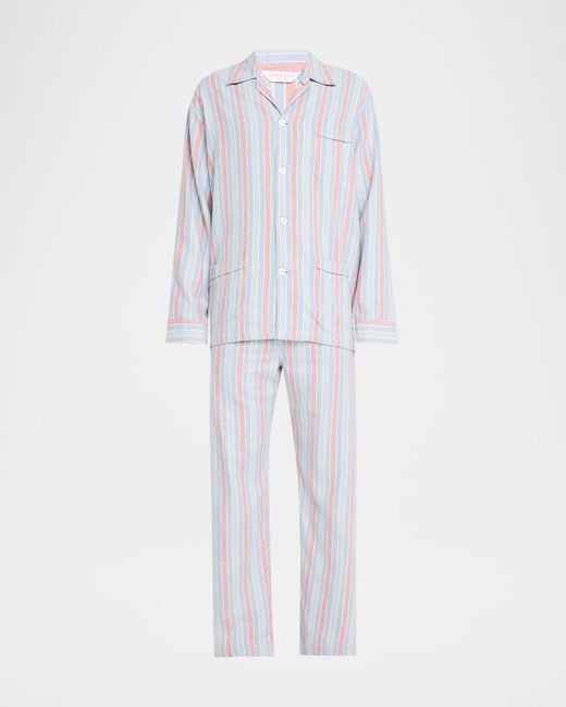 Derek Rose White Kelburn Cotton Stripe Long Pajama Set for men