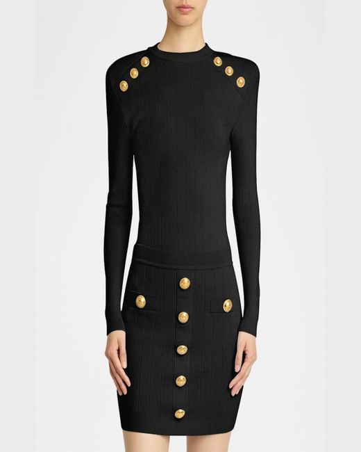 Balmain Black Button Strong-Shoulder Pointelle Rib Knit Sweater