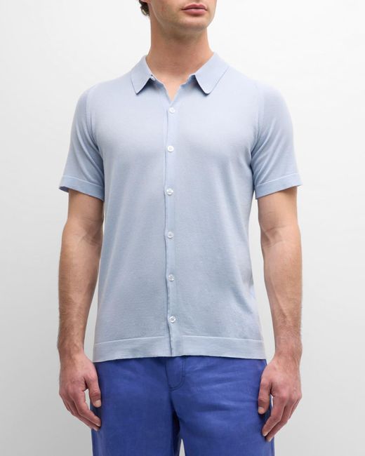 John Smedley Blue Folke Cotton Knit Polo Shirt for men