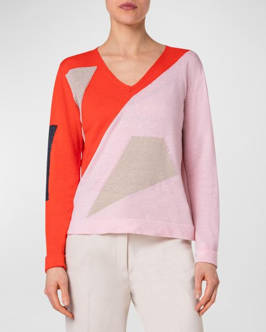 Akris Red Cotton And Linen Knit Sweater With Spectra Intarsia Details