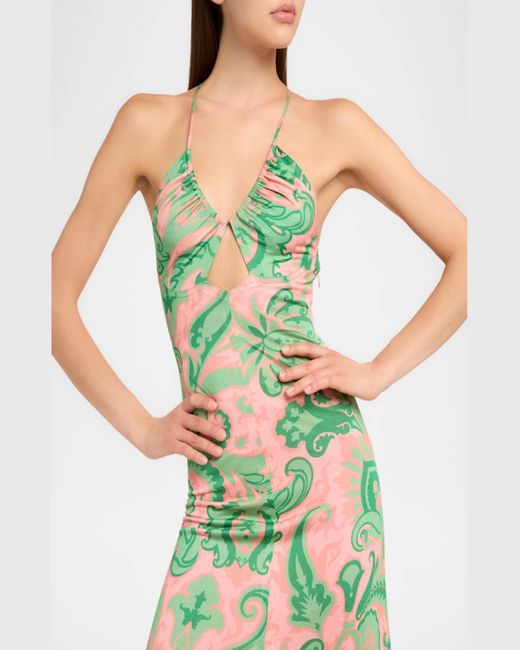Etro Green Macroflower Jersey Shirred Keyhole Gown