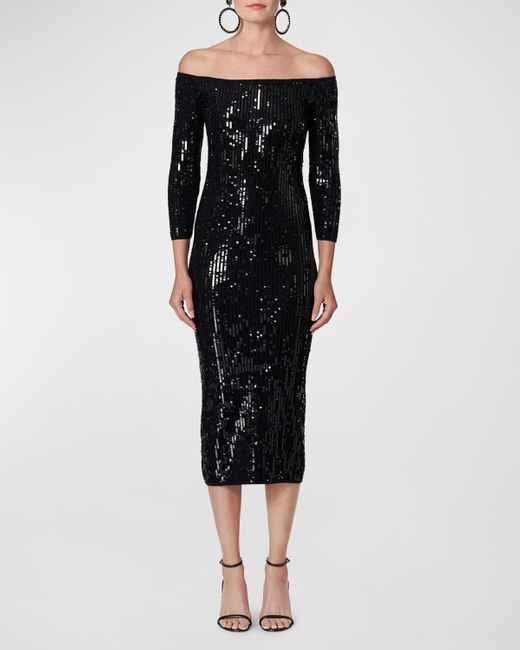 Carolina Herrera Black Sequined Knit Midi Dress