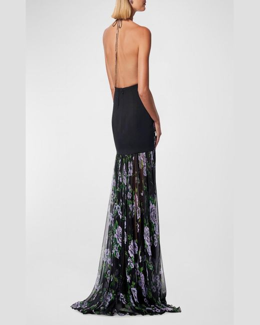 Carolina Herrera Black Floral-Print Cutout Ruched Chiffon Halter Gown