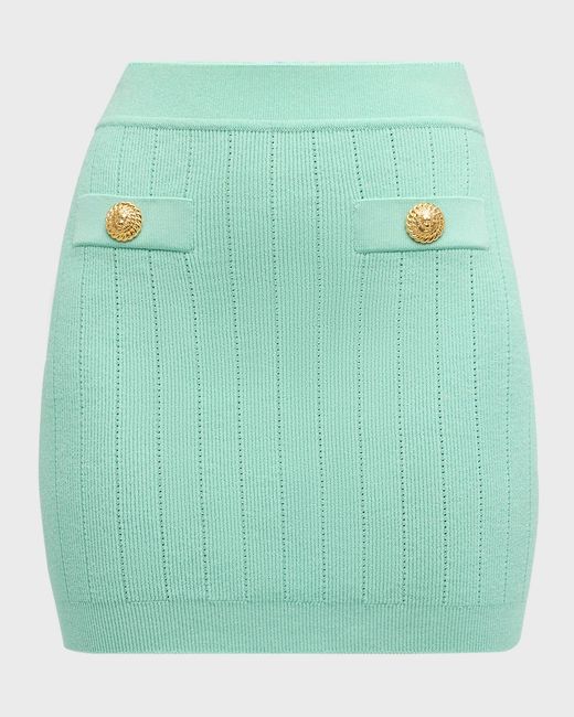 Balmain Green 2-Button Pocket Pointelle Rib Knit Mini Skirt
