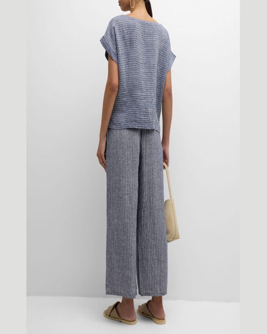 Eileen Fisher Blue Cropped Wide-Leg Striped Organic Linen Pants