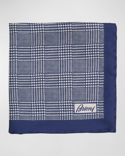 Brioni Blue Silk Prince Of Wales Check Pocket Square for men