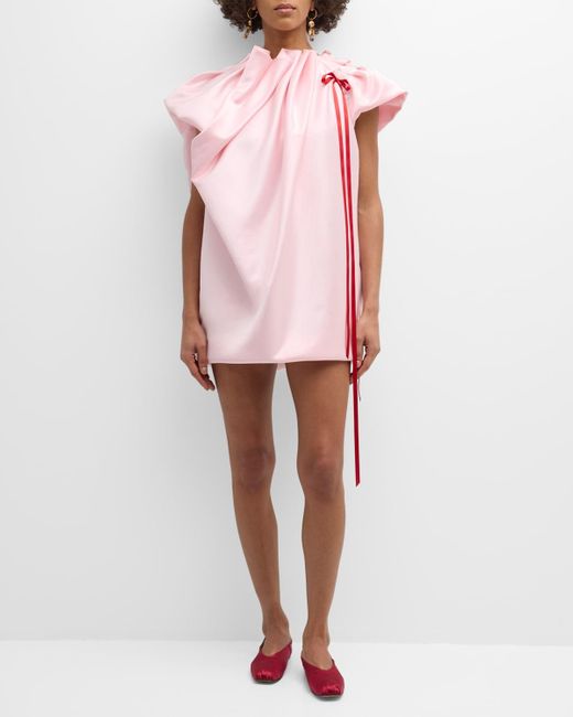 Simone Rocha Pink Bow Pleated-neck Mini Sack Dress