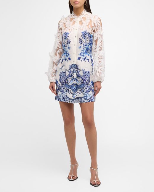 Camilla Blue Butterfly Lace-Sleeve Button-Front Mini Dress