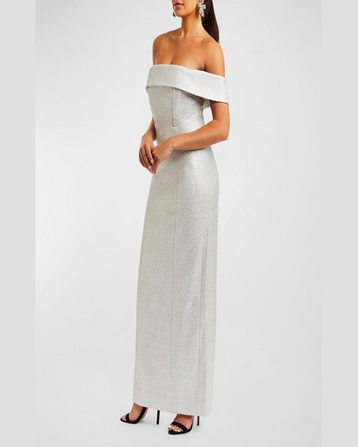 mestiza White Mona Off-Shoulder Metallic Column Gown