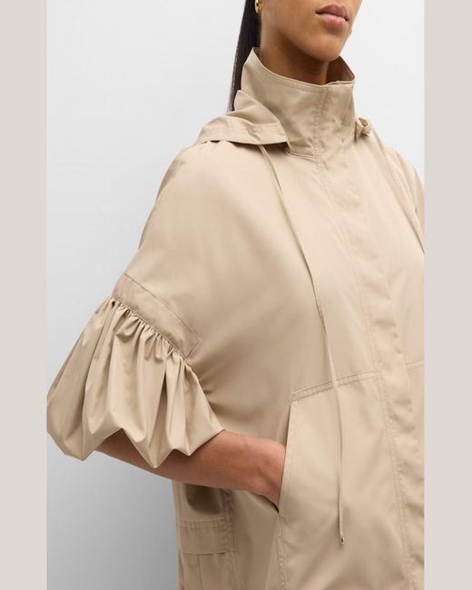 ADEAM Natural Alessandra Ruffle Short-sleeve Detachable-hood Pleated Coat