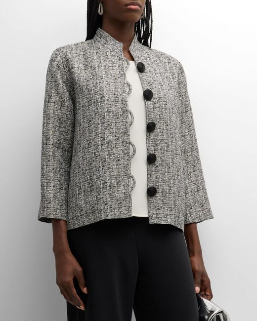 Caroline Rose Gray Mandarin-Collar Sequin Shimmer Jacquard Jacket