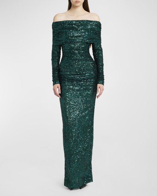 Dolce & Gabbana Green Sequin Off-Shoulder Column Gown