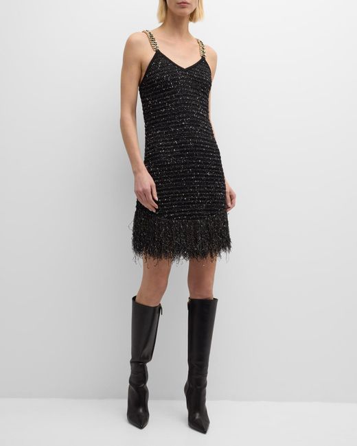 Balmain Black Fringed Hem Tweed Mini Dress With Chain Straps