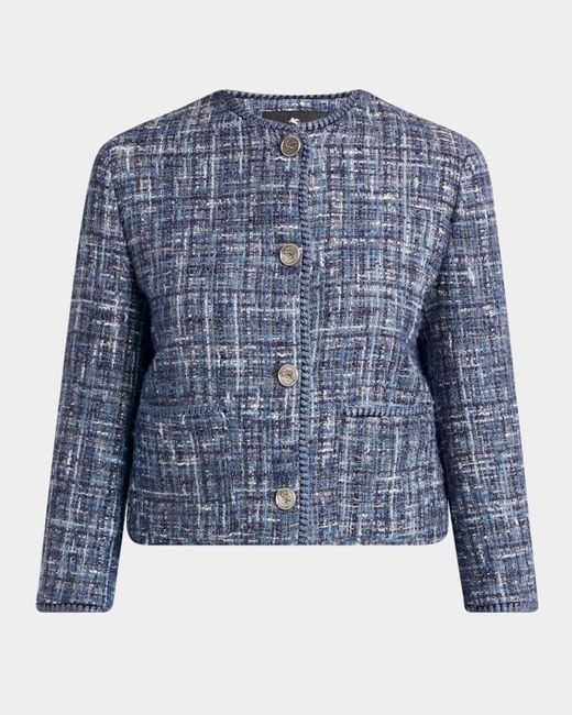 Etro Blue Single-Breasted Tweed Crop Jacket