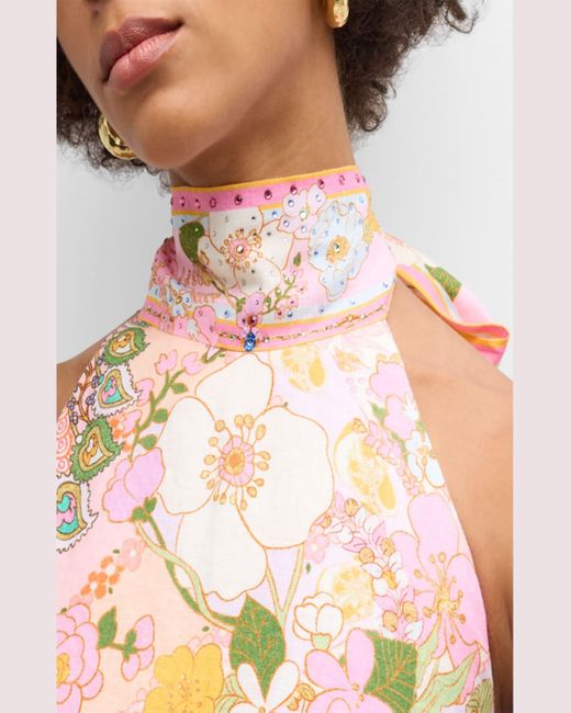 Camilla Pink Halter Tie-Back Floral Linen Top