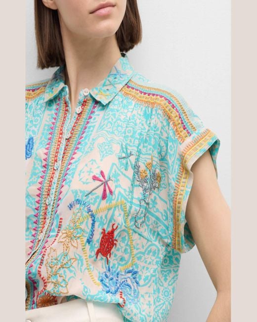 Johnny Was Blue Dionne Embroidered Floral-Print Blouse