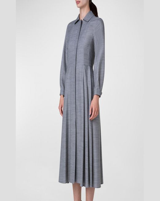 Akris Blue Long-Sleeve Pleated Wool-Silk Midi Shirtdress