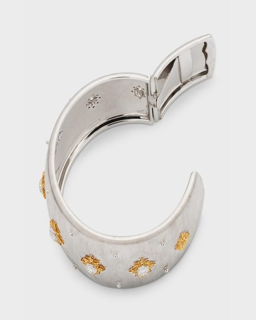 Buccellati Metallic 18k White And Yellow Gold Macri Cuff With 7 Round Brilliant Diamonds, 2.5cm